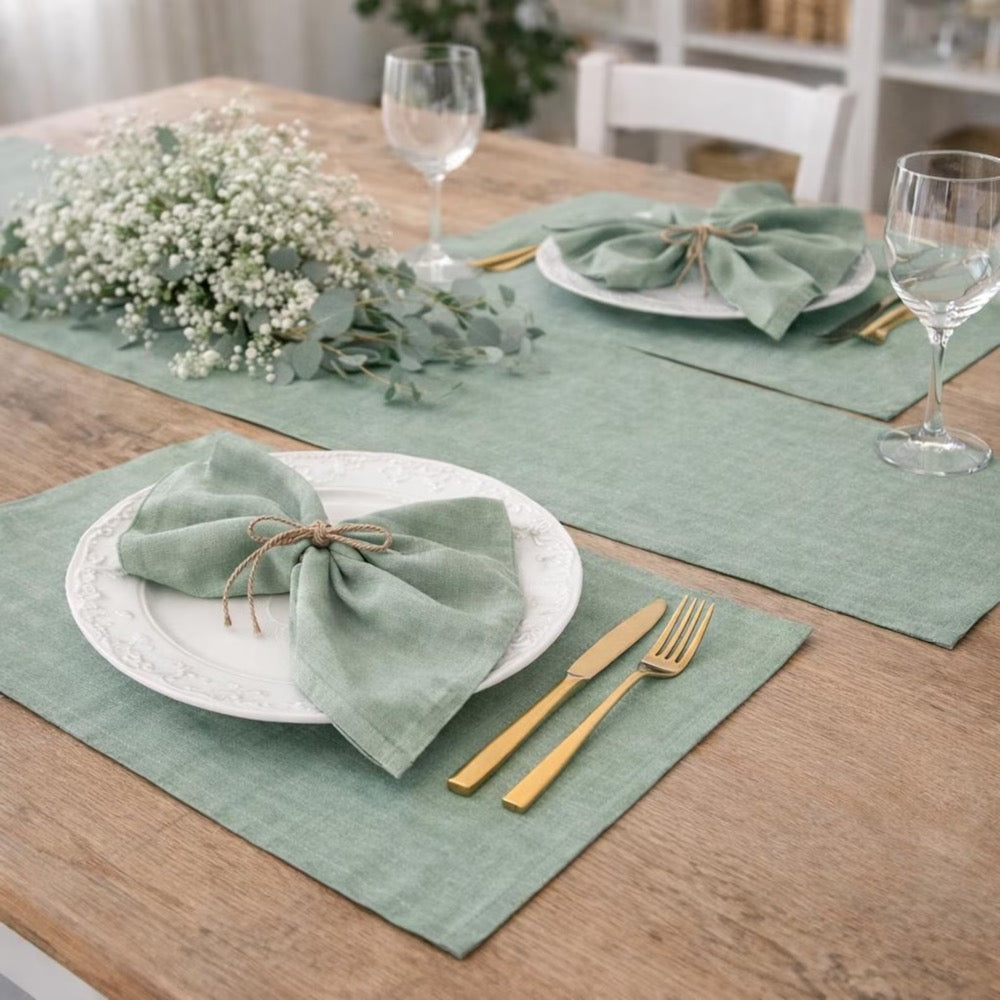 Olive green linen table runner, Rustic Wedding long table runner. Boho table centerpiece