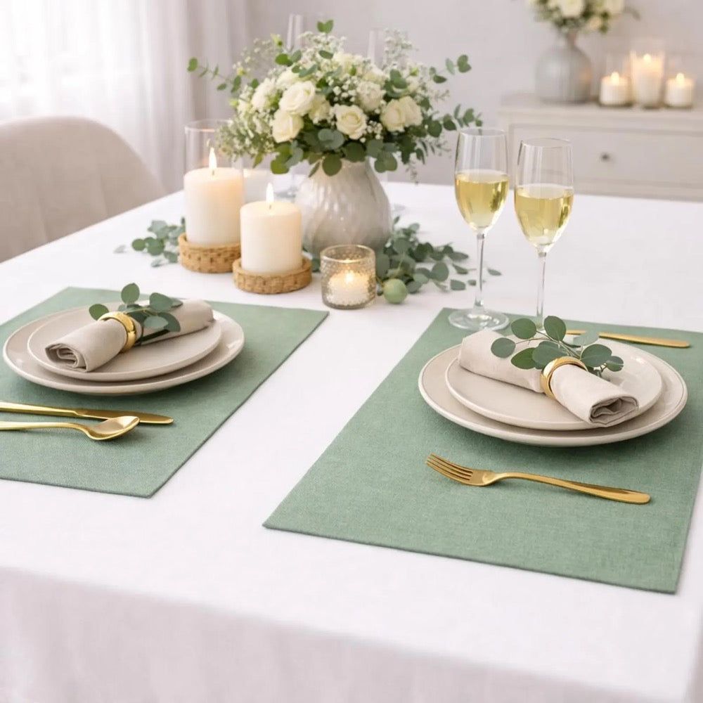 Sage green linen placemats, Fabric dinner placemats set of 6, 8, 10, Rustic farmhouse placemats for wedding table decor