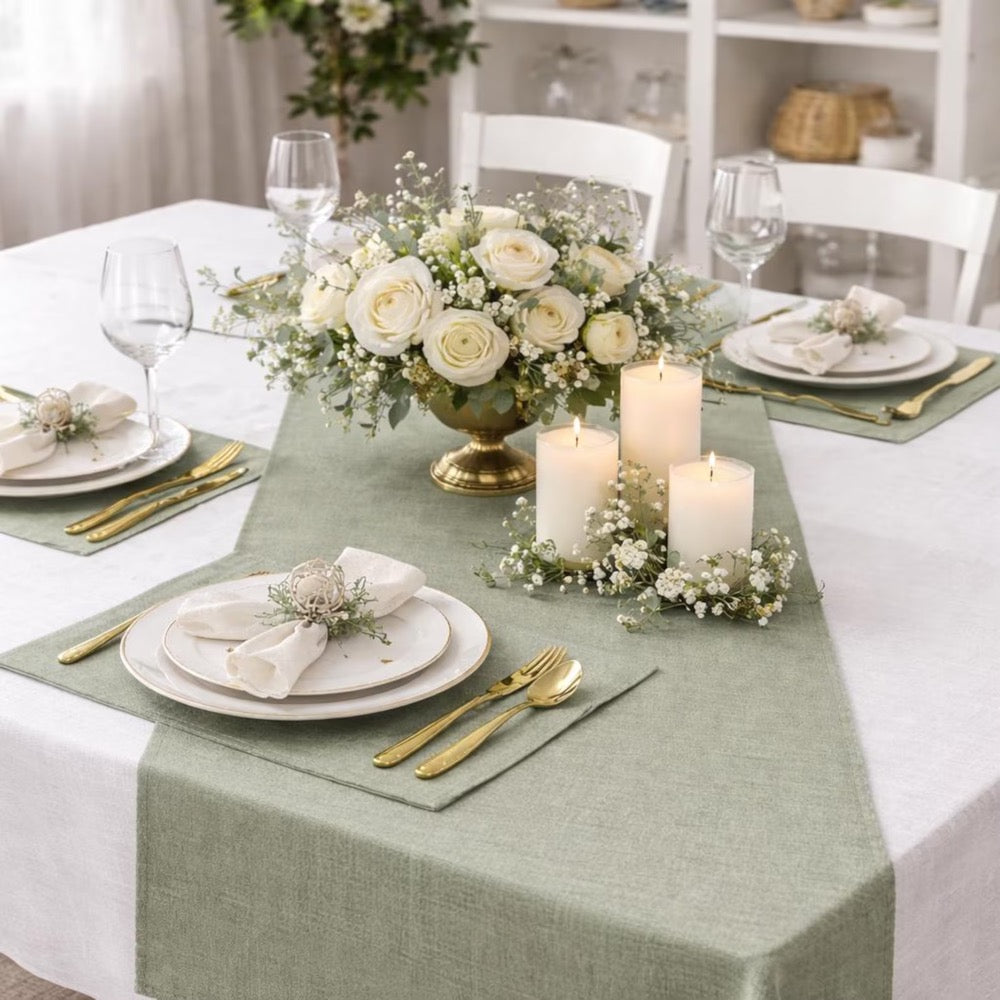 Olive green linen table runner, Rustic Wedding long table runner. Boho table centerpiece