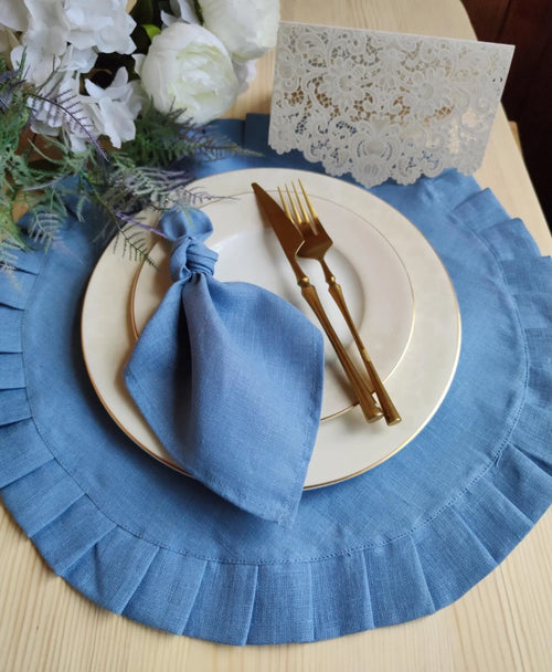Linen placemats, Round placemats ruffled for wedding table decor, Custom place mats for farmhouse decor, Placemats set 4, 6, 12
