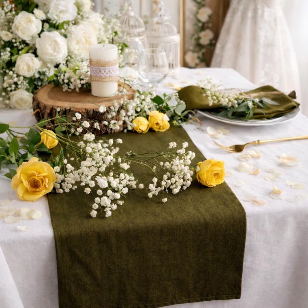 Olive green linen table runner, Rustic Wedding long table runner. Boho table centerpiece