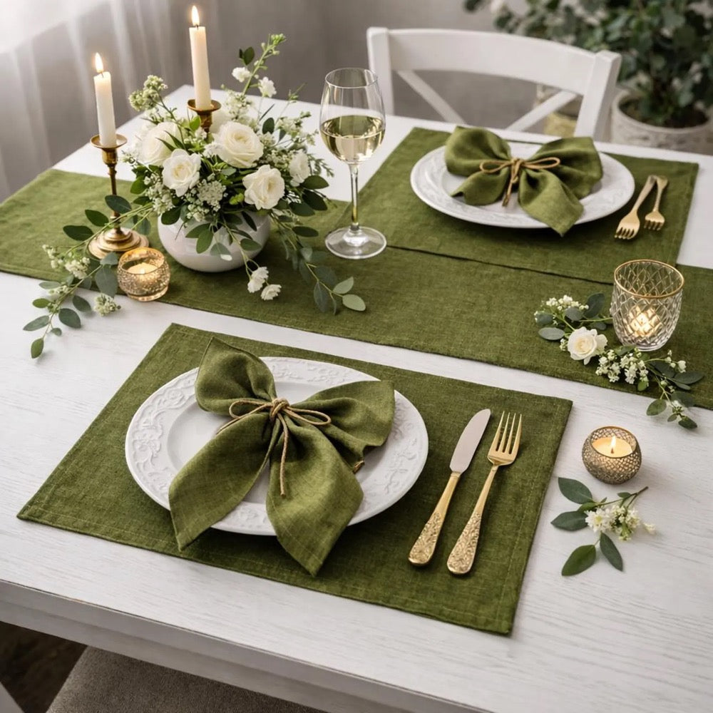 Sage green linen placemats, Fabric dinner placemats set of 6, 8, 10, Rustic farmhouse placemats for wedding table decor